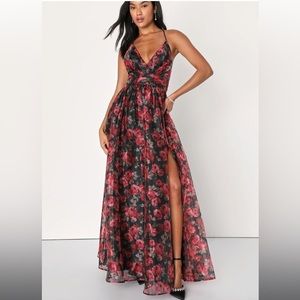 Lulu’s XL Simply Divine Black and Red Floral Print Organza Maxi Dress